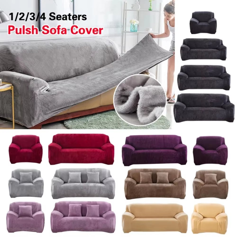 Plush Velvet Sofa Cover 1/2/3/4 Seater Stretch Couch Slipcover with 1Pc Pillowcase for Living Room Loveseat Couch Recliner Cover