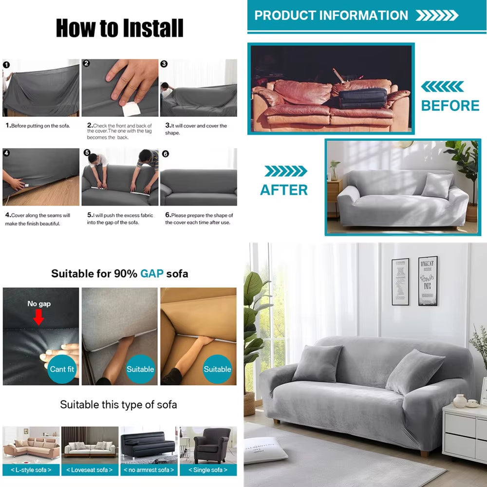 Plush Velvet Sofa Cover 1/2/3/4 Seater Stretch Couch Slipcover with 1Pc Pillowcase for Living Room Loveseat Couch Recliner Cover